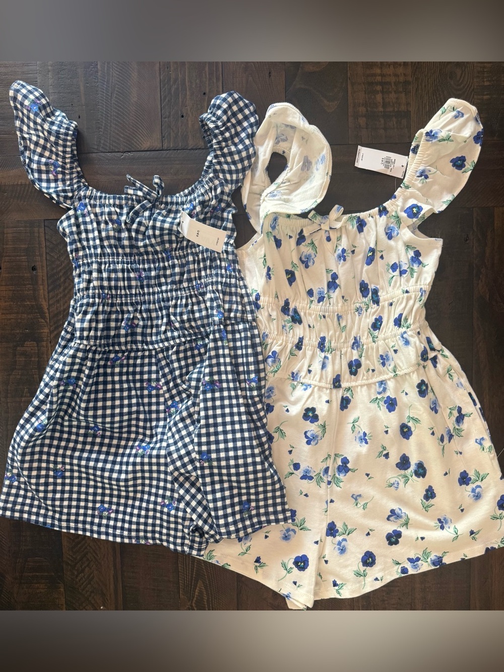 Old Navy Blue Gingham & White Floral Girls' Romper Set